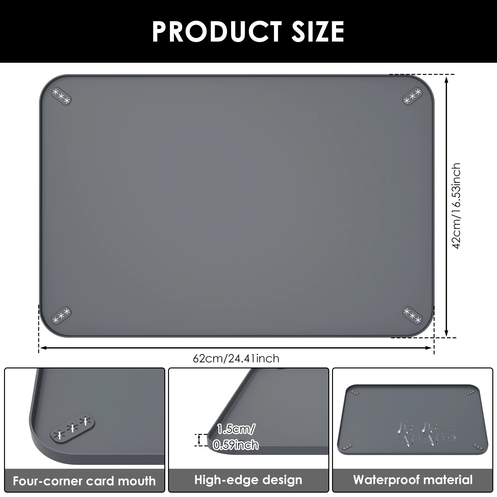 Gray waterproof dog feeding mat with raised edges, four-corner design, size 62x42cm