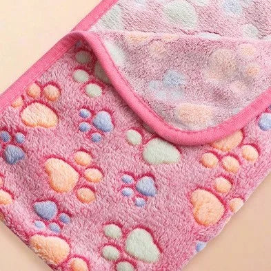 Pink soft dog blanket with colorful paw print elephant design, plush reversible pet bed mat for cats and puppies
