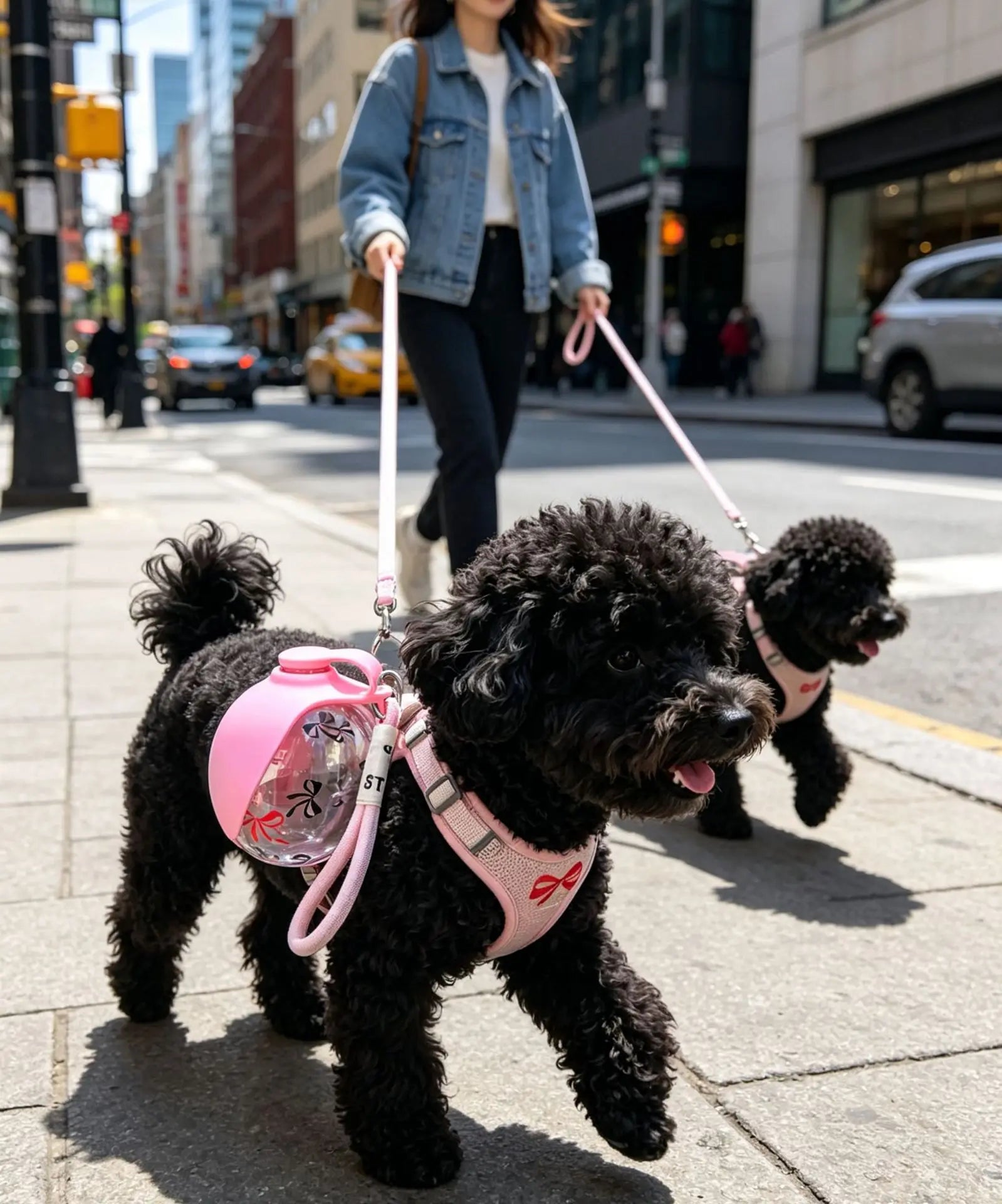 portable dog water bottle on two black poodles during an urban walk