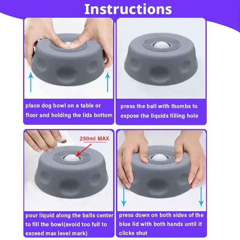 slow feeder dog bowl instruction guide showing how to fill and press the anti-overflow dog licking bowl