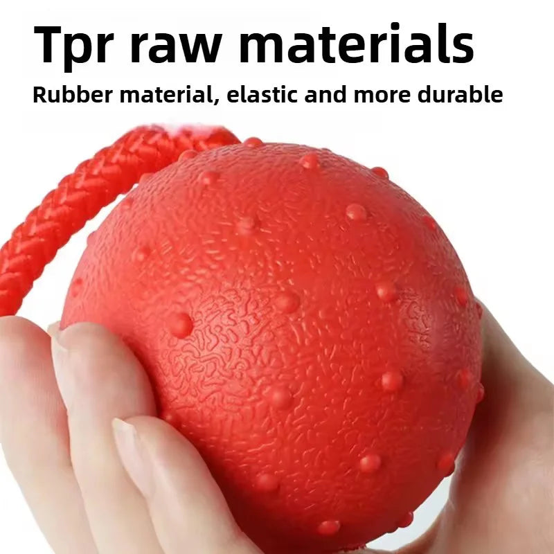 Hand holding red textured rubber dog ball with rope, durable chew toy for dogs