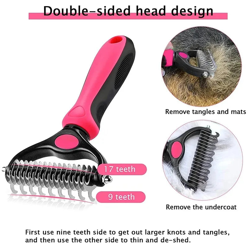 pet deshedding brush dual-sided grooming tool for removing tangles, mats, and undercoat from dogs and cats