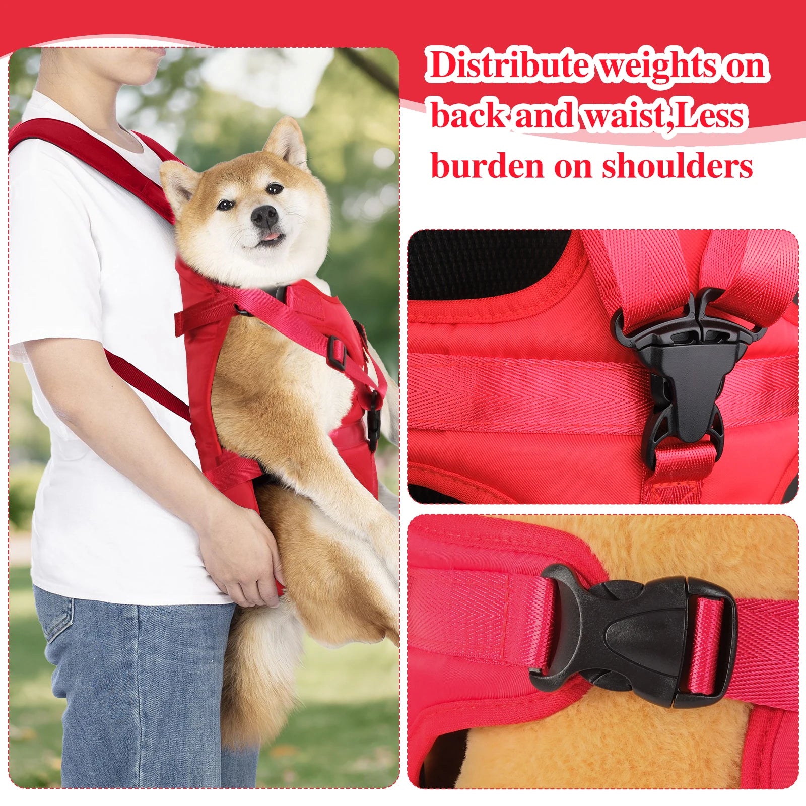 adjustable dog front carrier backpack for small dogs, distributes weight on back and waist, breathable travel carrier