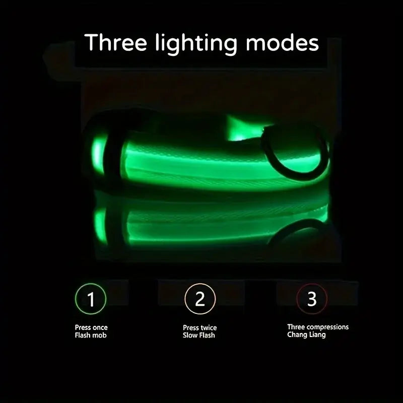 LED dog collar for night safety with three lighting modes, glowing green reflective nylon collar for small and medium dogs