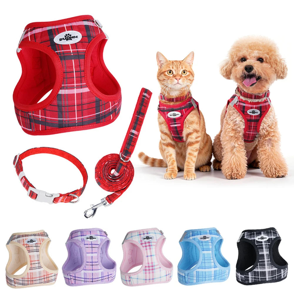 Plaid pet leash set with harness, leash, and collar for cats and dogs, durable adjustable walking accessories