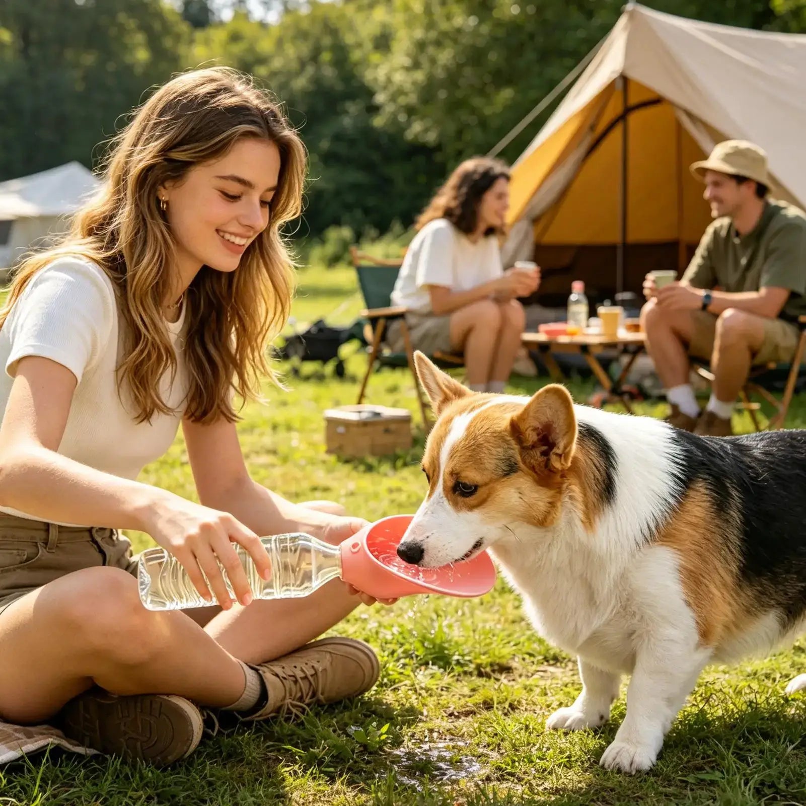 Portable dog water bottle for camping, with woman giving a corgi water outdoors at a campsite.