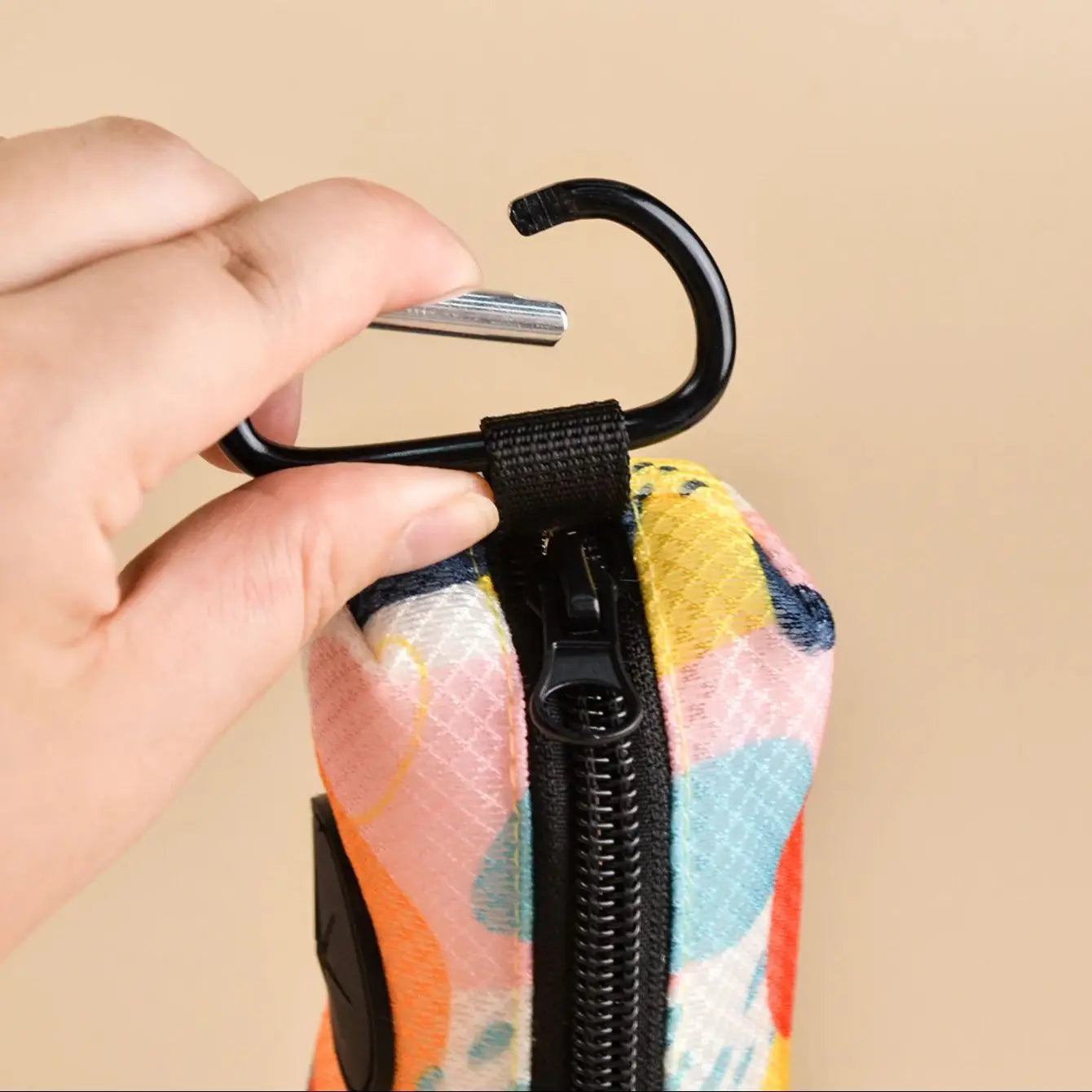 dog poop bag holder dispenser with colorful abstract print, clip-on pet waste bag holder for leash attachment