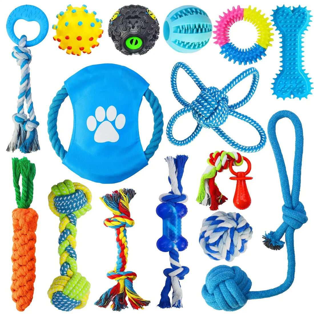 Assorted colorful dog chew toys and rope toys for pets arranged on a white background.