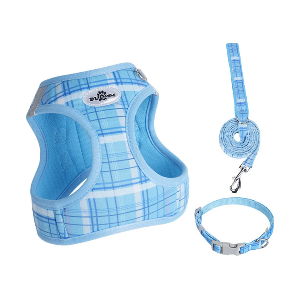 plaid pet leash set in color D with blue plaid harness, matching leash and collar for cats and dogs