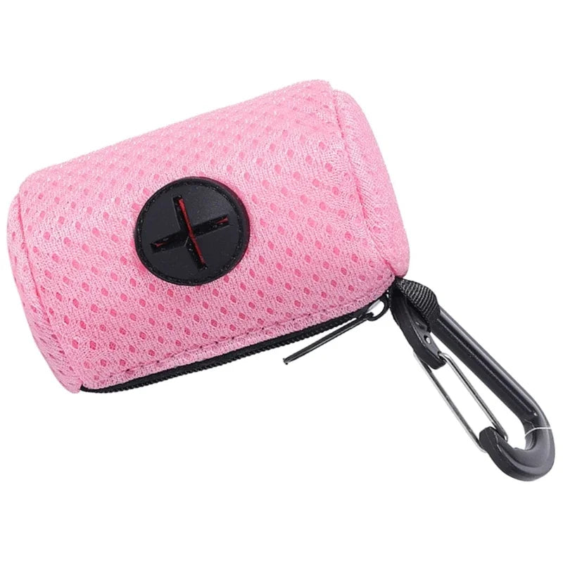 Pink dog poop bag holder with carabiner clip for convenient pet waste bag dispensing during dog walks