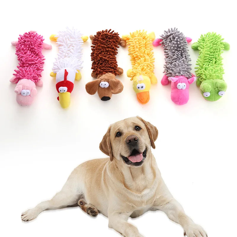 squeaky plush dog chew toy for puppies and dogs, colorful mop fur plush animal toys with dog training benefits