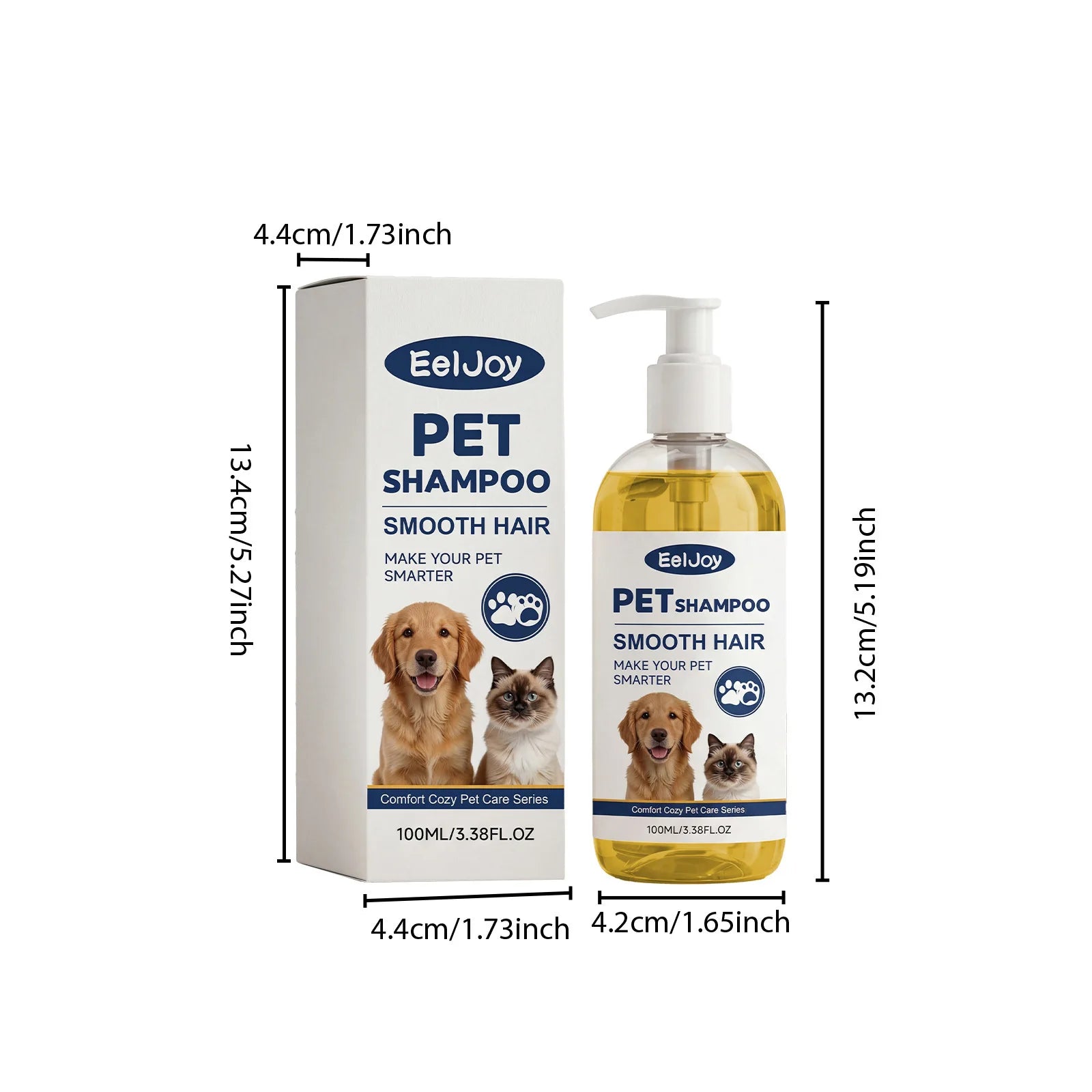 EelJoy pet shampoo bottle and box, moisturizing pet shampoo for sensitive skin, smooth hair formula