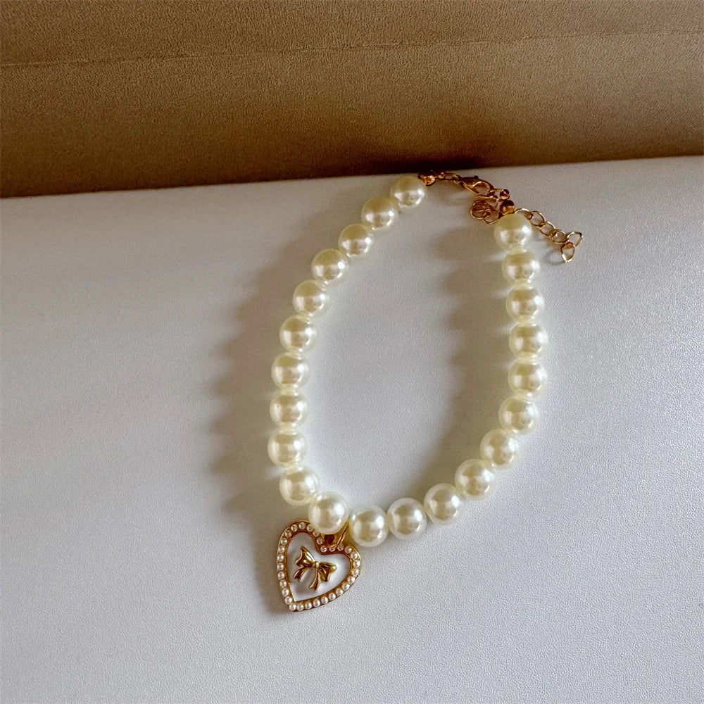 pet pearl necklace collar luxury white pearl cat and dog collar with heart pendant, adjustable buckle, color 4