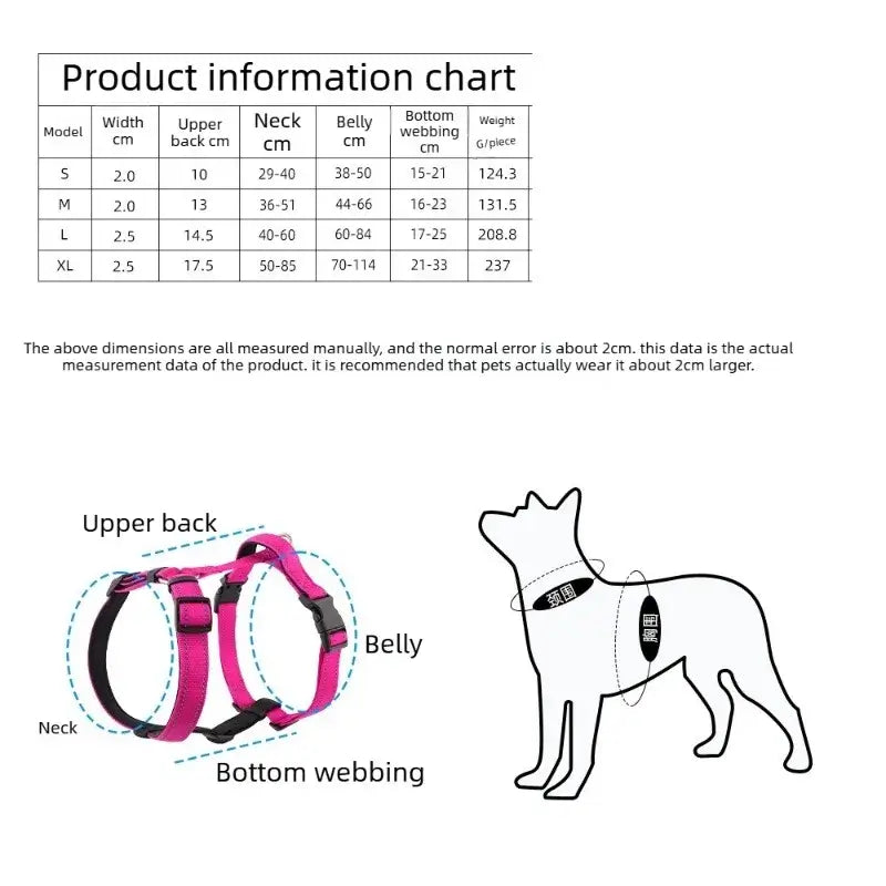 Dog harness vest size chart with measurements for neck, belly, upper back, and bottom webbing, plus fit diagram