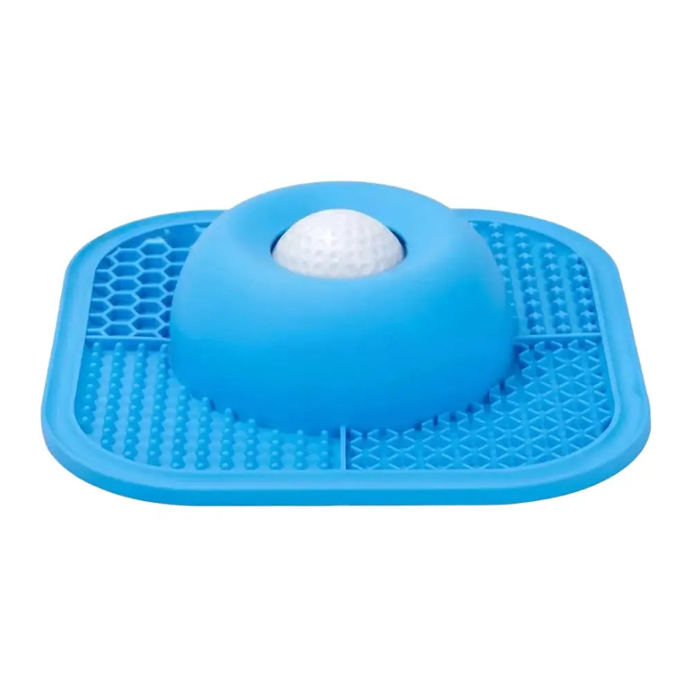 Blue resin slow feeder dog bowl with textured anti-slip surface and interactive rolling ball for puppy licking