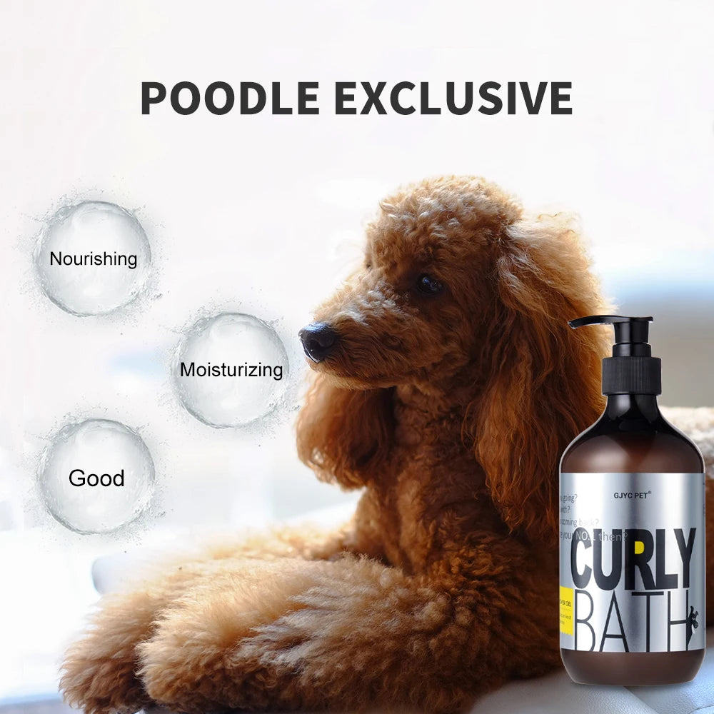 Curly-haired poodle with moisturizing and nourishing dog shampoo bottle, poodle exclusive