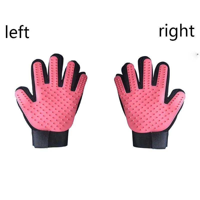 Pink left and right pet hair remover glove with silicone grooming brush for dogs and cats, deshedding and massage