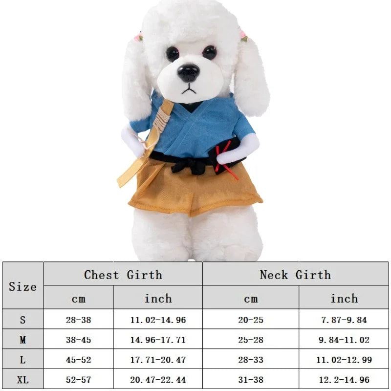 White dog wearing samurai costume with dog clothing size chart below.