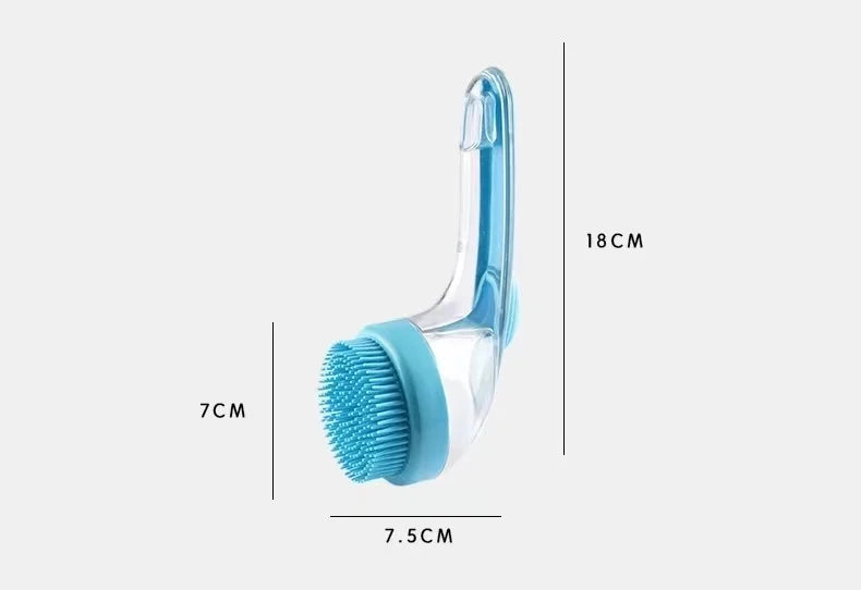 pet bath brush with shampoo dispenser, soft silicone long handle grooming brush for gentle pet fur cleaning and massage