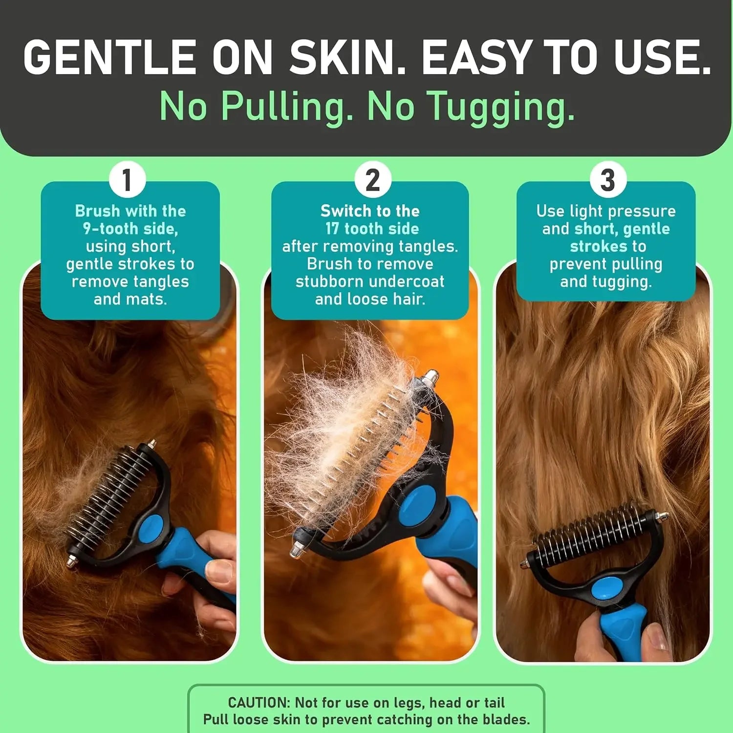 pet deshedding brush with dual-sided 9- and 17-teeth design for gentle undercoat grooming and tangle removal