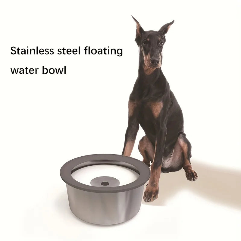Doberman dog sitting beside a stainless steel floating water bowl on a white background