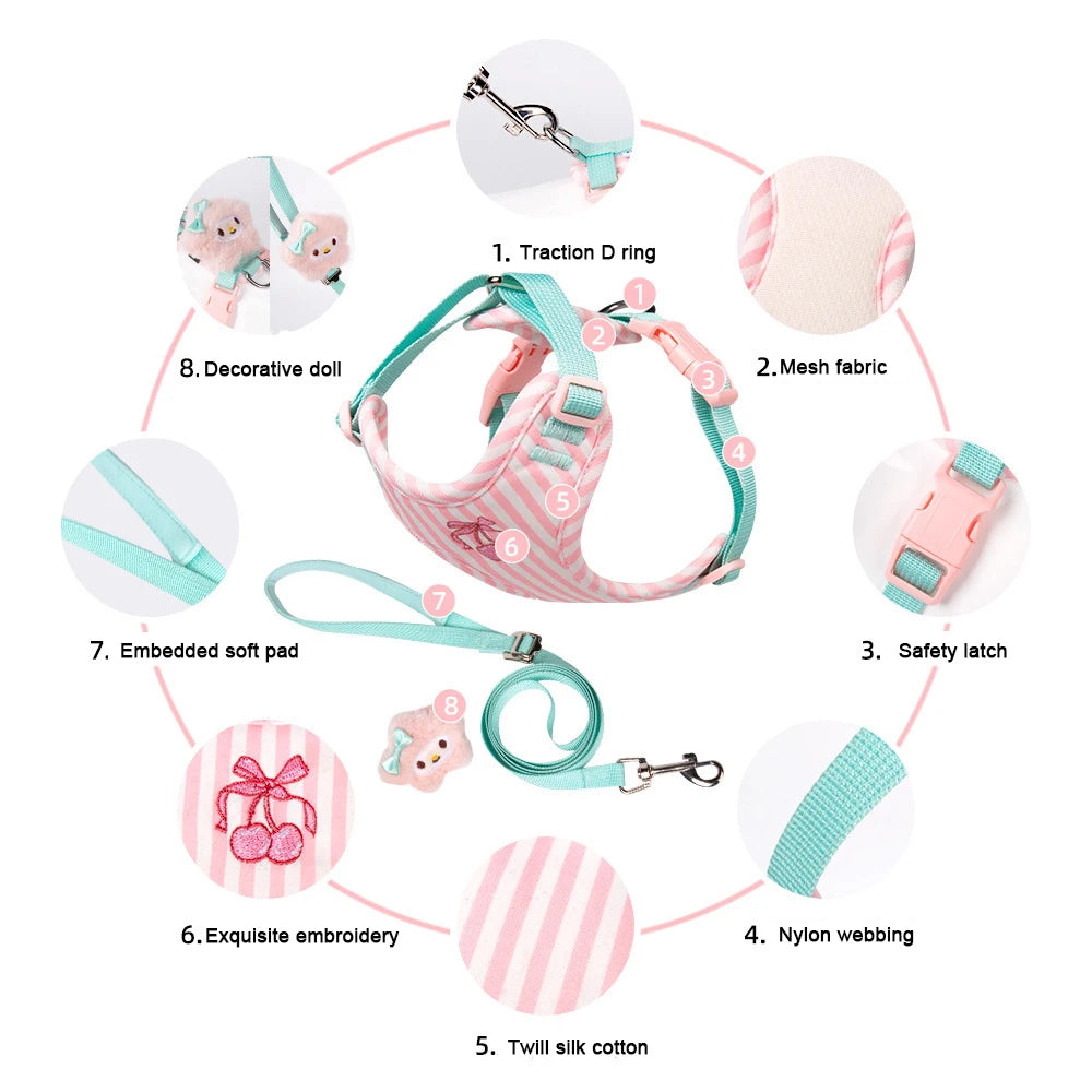 Small dog harness leash set with cute plush doll, adjustable mesh vest harness for small dogs, pink and mint fashion walking accessory
