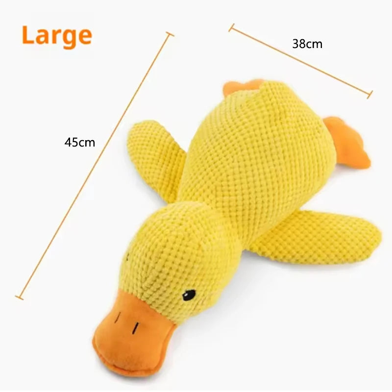 Large yellow bite resistant dog plush toy duck with orange beak and feet, 45cm x 38cm, for chewing and dental cleaning