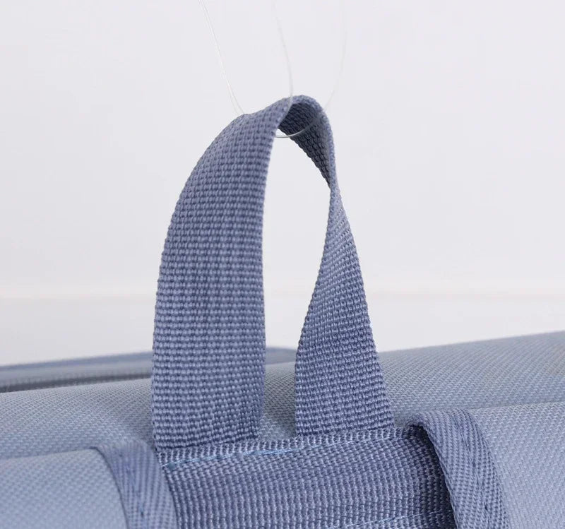 Breathable pet carrier backpack with durable blue nylon handle for cats and small dogs