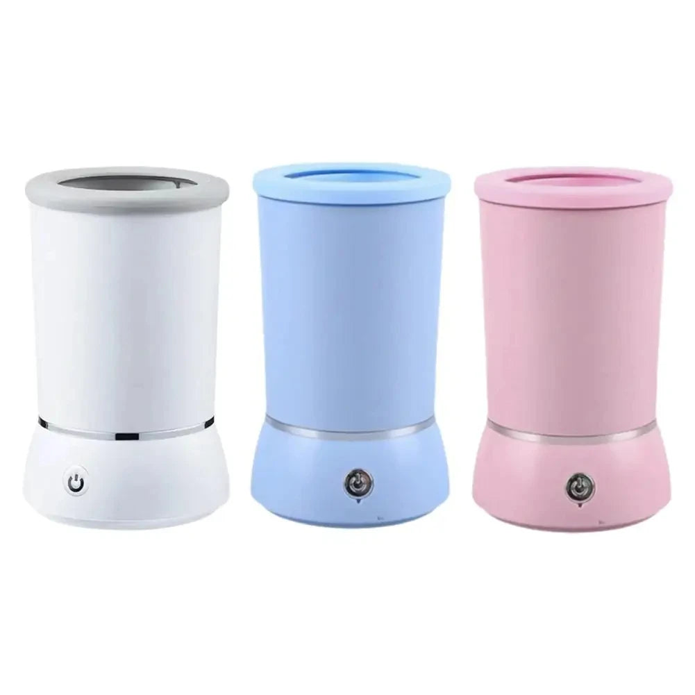 Automatic pet paw cleaner in white, blue, and pink, low-noise USB powered electric foot washing cup for dogs and cats