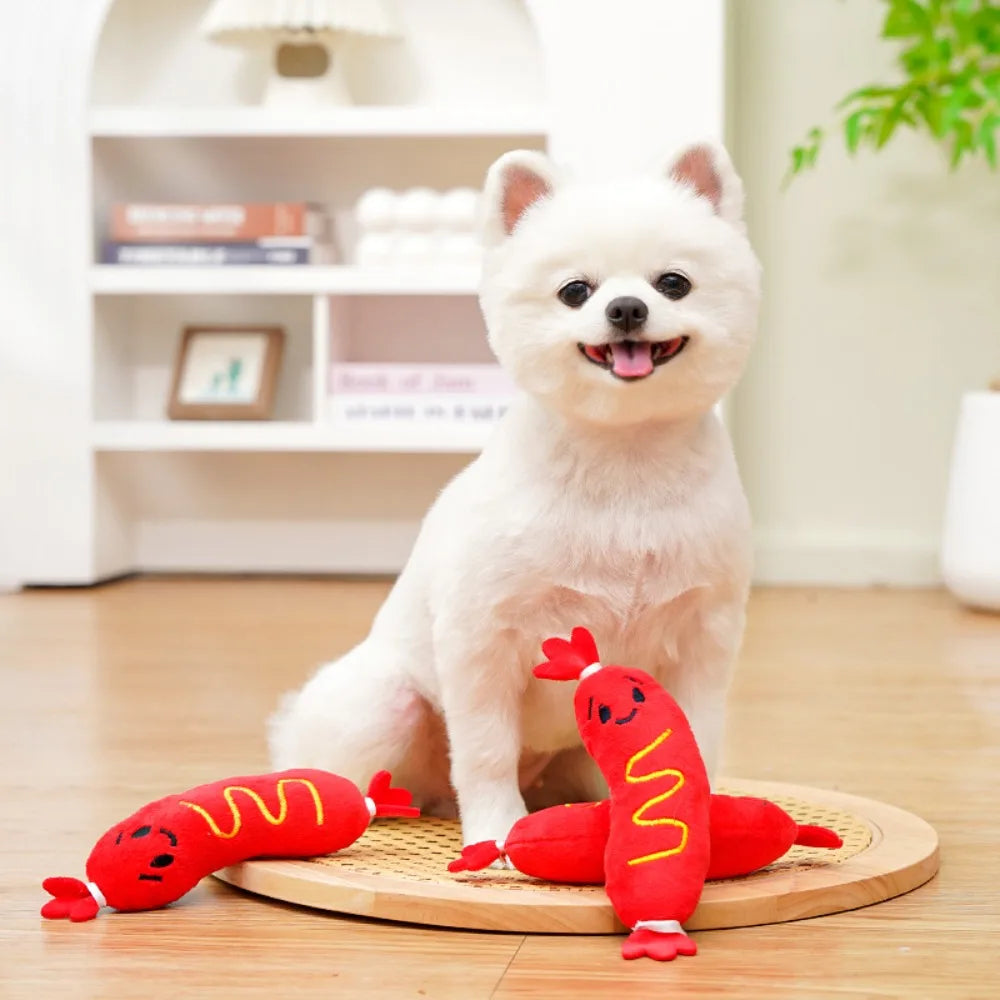 Cute white puppy with squeaky plush dog chew toy hot dog shapes for interactive biting and teeth grinding