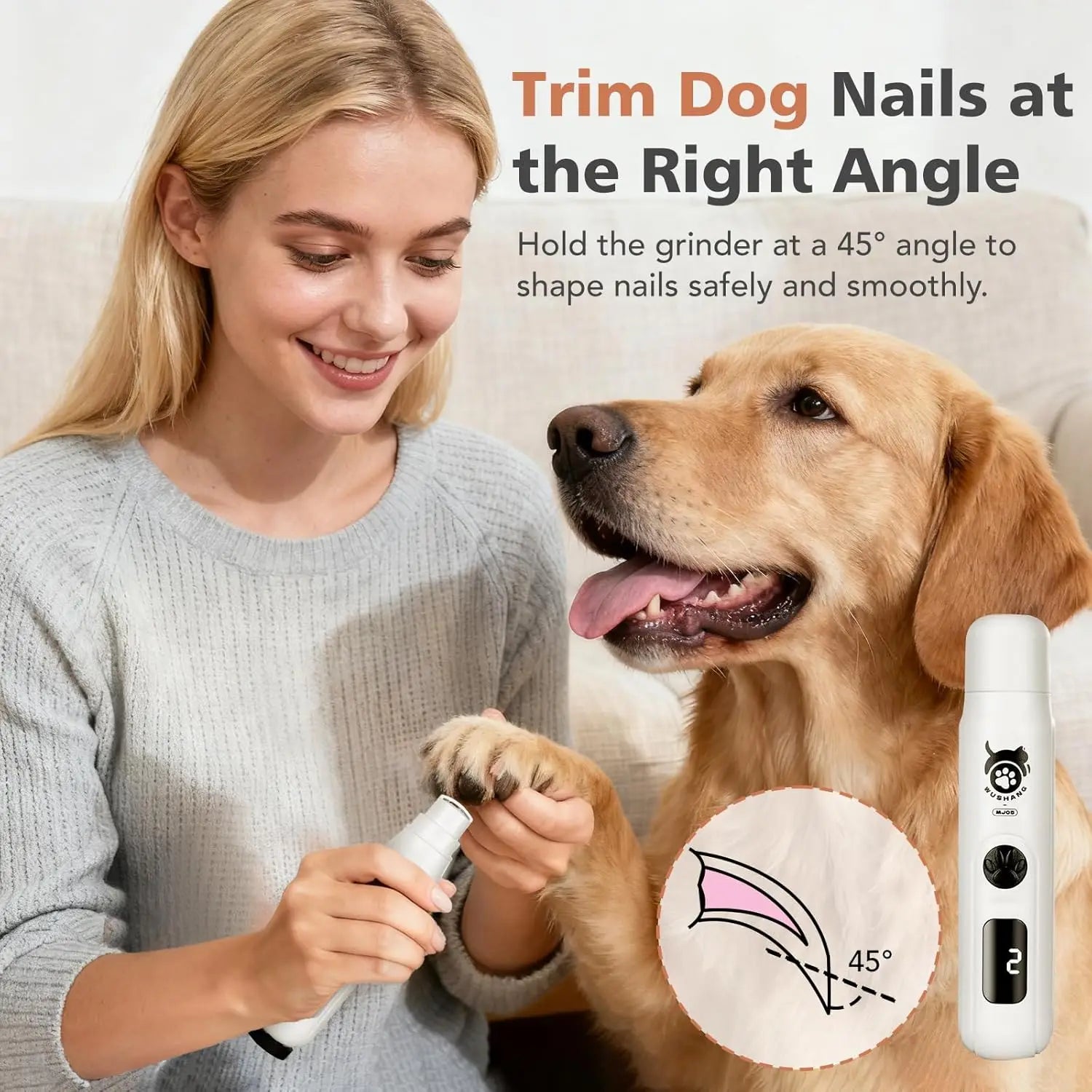 electric dog nail grinder used at a 45-degree angle to trim dog nails safely and smoothly