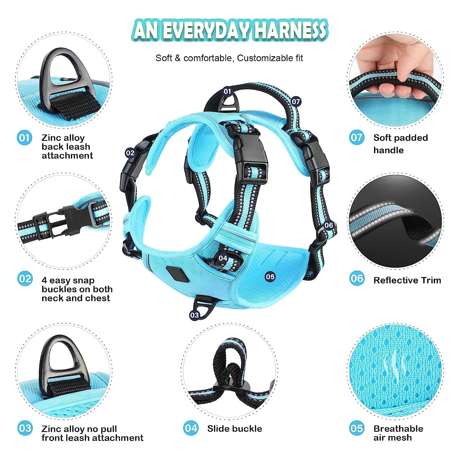 No Pull Dog Harness, Adjustable Soft Padded Pet Vest with Easy Control Handle features breathable mesh design.