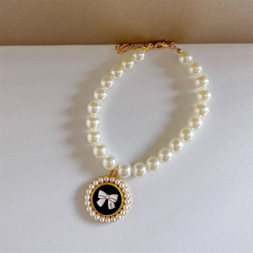 pet pearl necklace collar for dogs and cats, white pearl beads with gold buckle and black bow pendant, color 6
