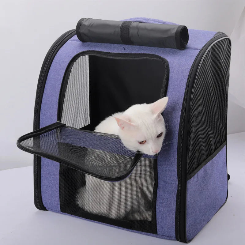 breathable cat carrier backpack for small cats, foldable outdoor pet travel bag in purple with mesh windows