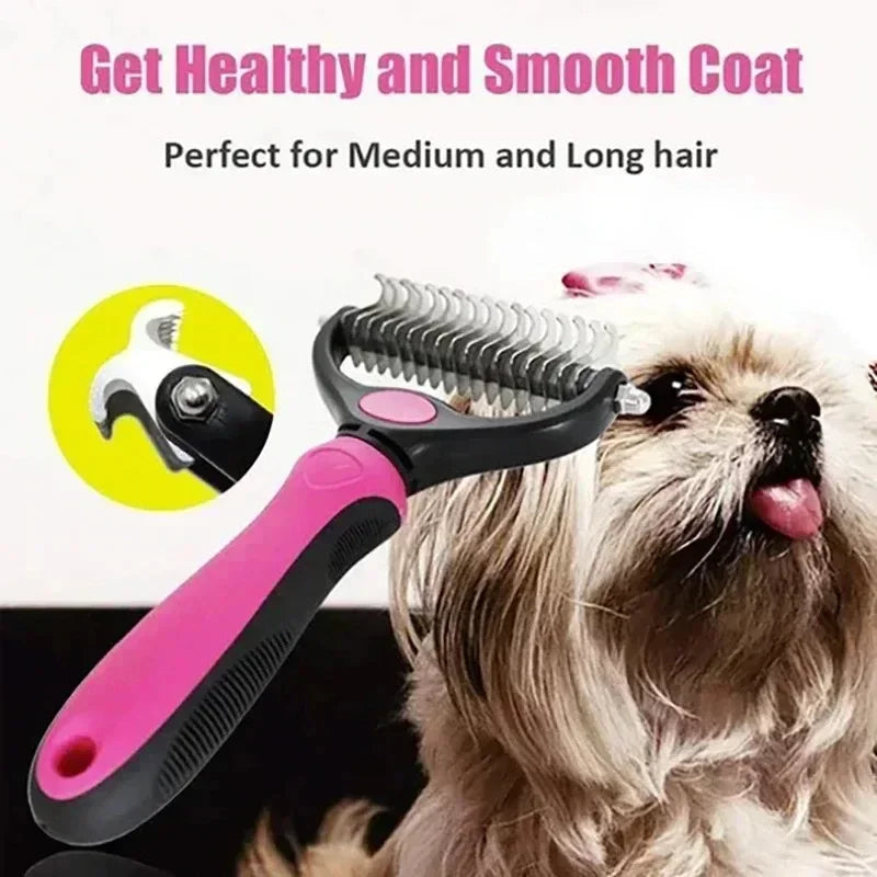 Self cleaning pet deshedding brush for dogs and cats, stainless steel grooming comb for medium and long hair, reduces shedding and knots.