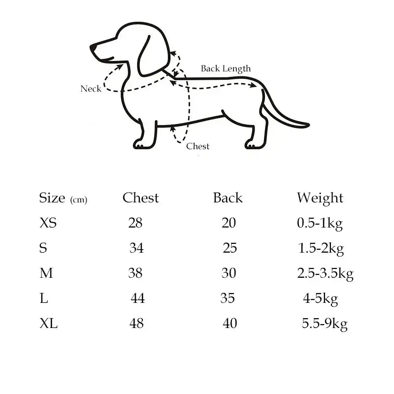 Size chart for Fashion Dog Clothes For Dachshund French Bulldog Spring Warm Pet Clothing Dog Jacket Pug Sweater Jumpsuit.