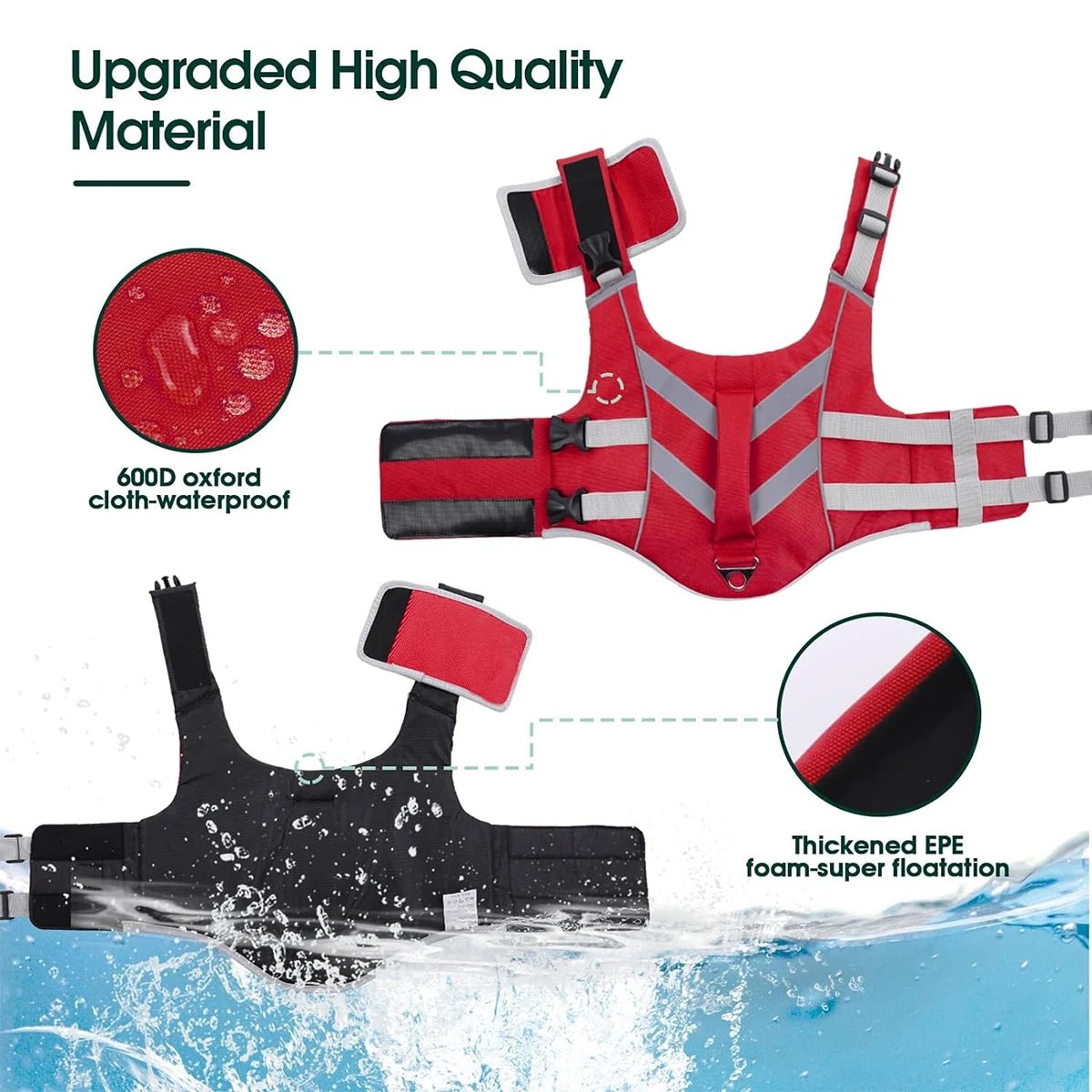 waterproof dog life jacket with reflective stripes and extra stick, premium red and black flotation vest for dogs