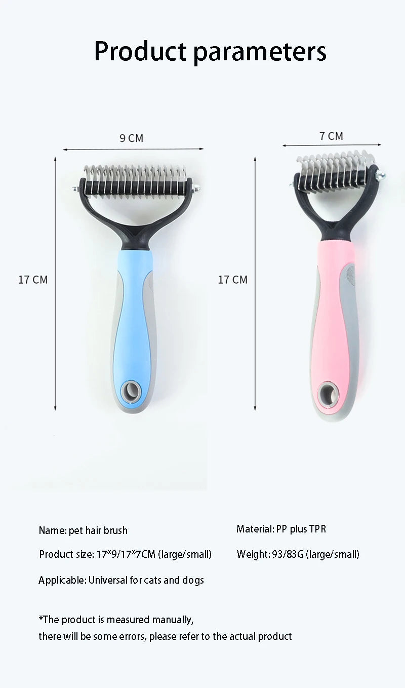 double sided pet deshedding brush with product parameters, 17 cm grooming tool for cats and dogs, reducing shedding