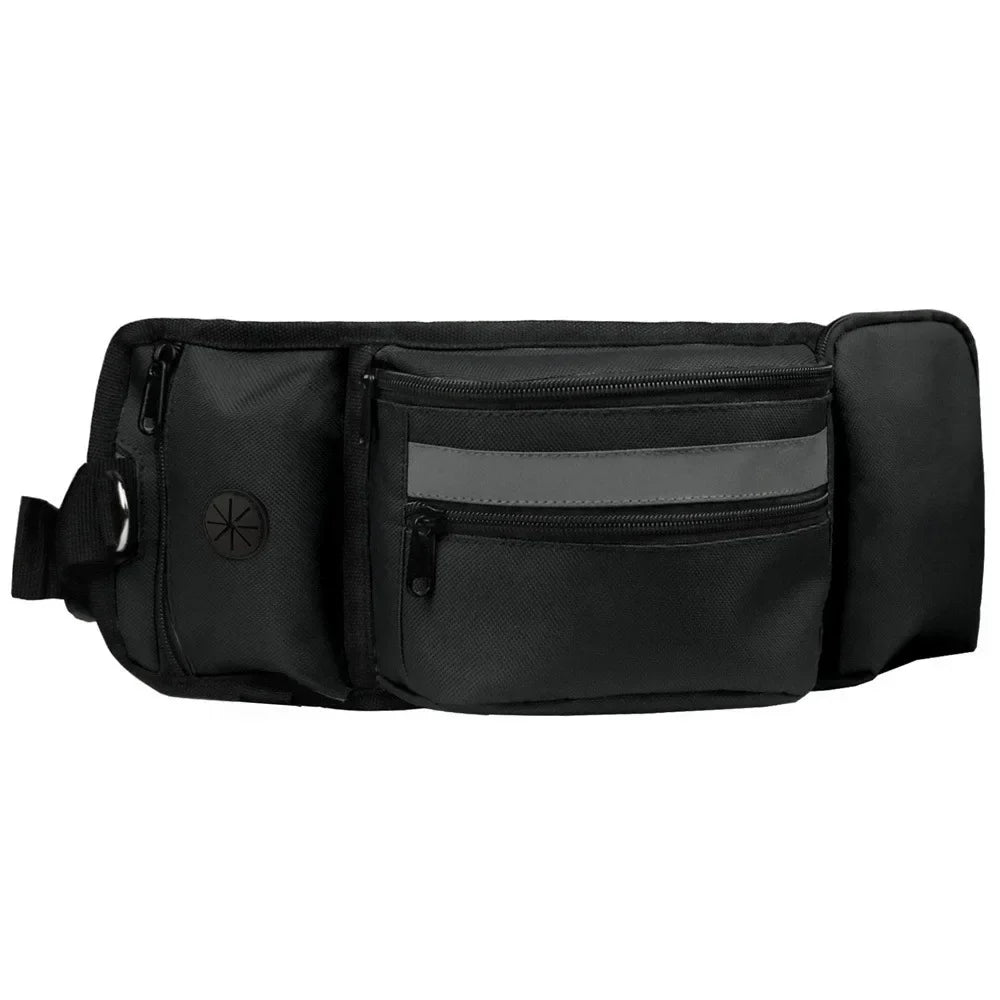 Black dog walking waist bag with multiple zippered pockets and reflective strip