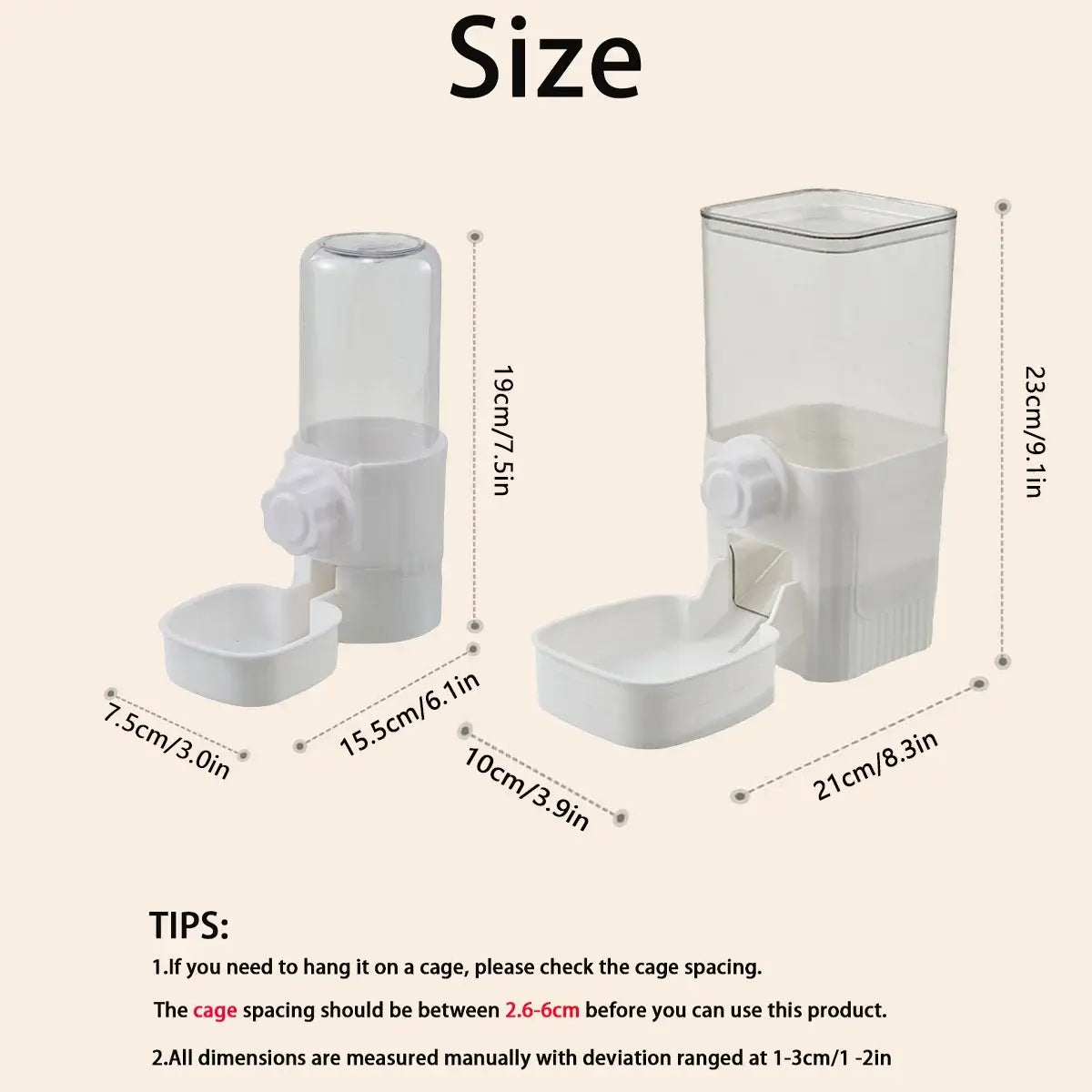 hanging pet feeder and waterer size chart for cage-mounted automatic food and water dispenser for cats, dogs, and rabbits