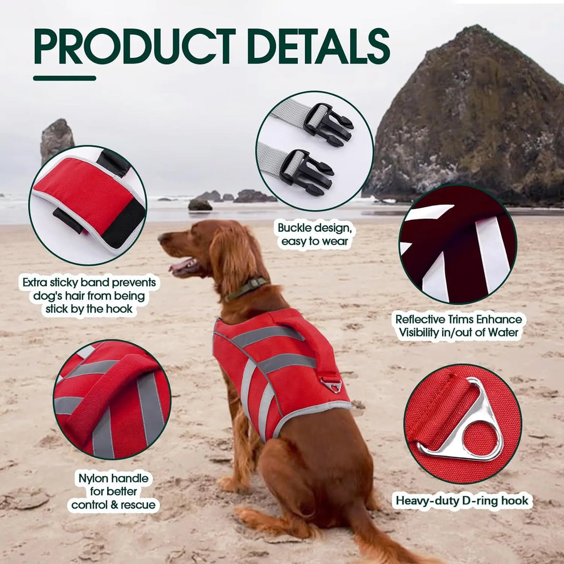 reflective dog life jacket for swimming, red dog buoyancy vest with buckle, D-ring, and reflective trims