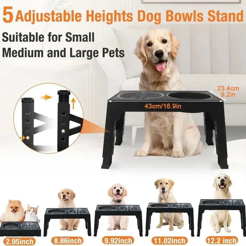 adjustable elevated dog feeder with 5 height settings for small, medium, and large dogs, black slow food bowl stand