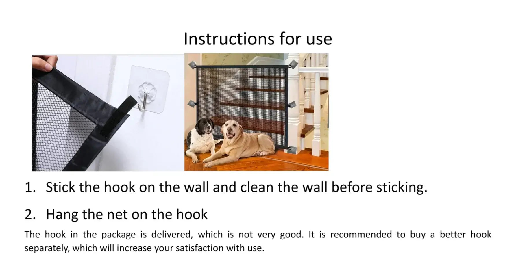 Instructions for use of Heavy Duty Dog Barrier Fence with Hooks Insulated Net Foldable Breathable Mesh Mirror Door Pet Security Gate.