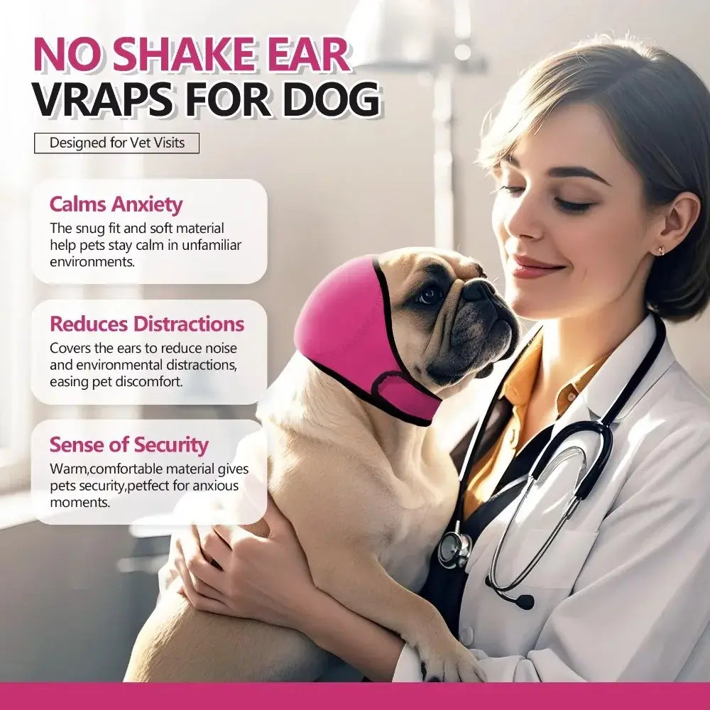 Calming Noise Cancelling Headphones for Dogs - Waterproof, Shockproof Hearing Protectors in use for a dog during vet visit.