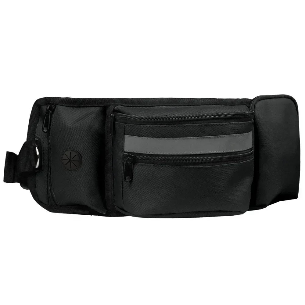 Black dog walking waist bag with multiple zippered pockets and reflective strip