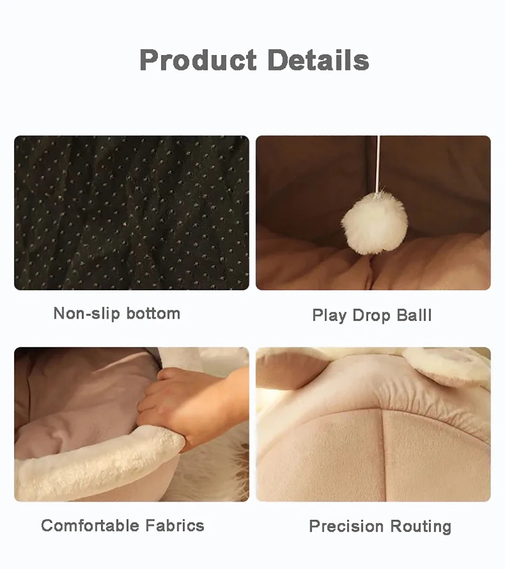 foldable washable cat bed with non-slip bottom, play ball, soft fabrics and precision routing for cozy pet comfort