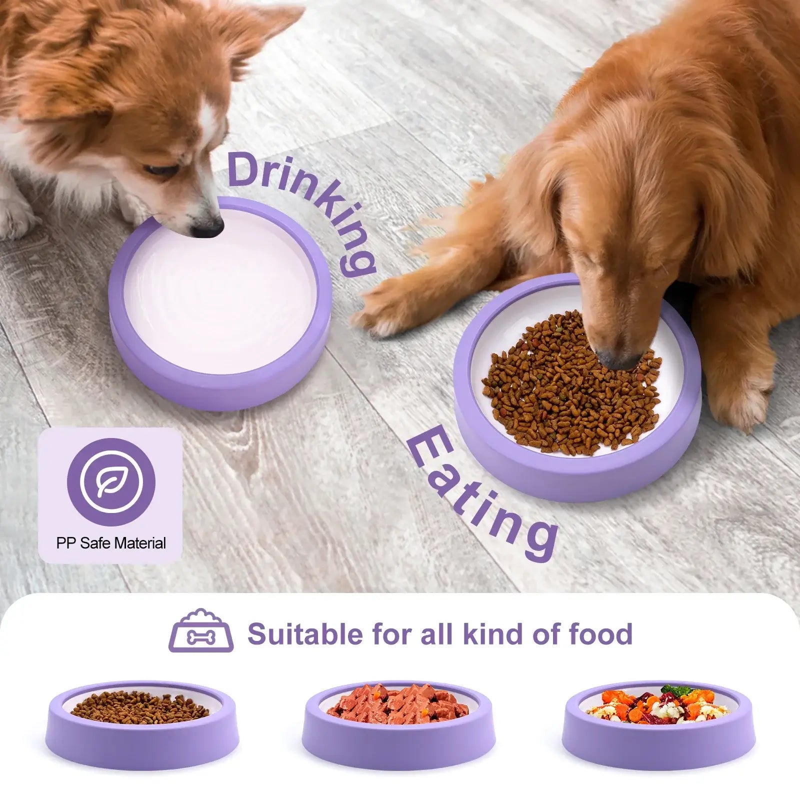 Two dogs using a slow feeder dog bowl for drinking and eating, non-slip maze design for all pet food