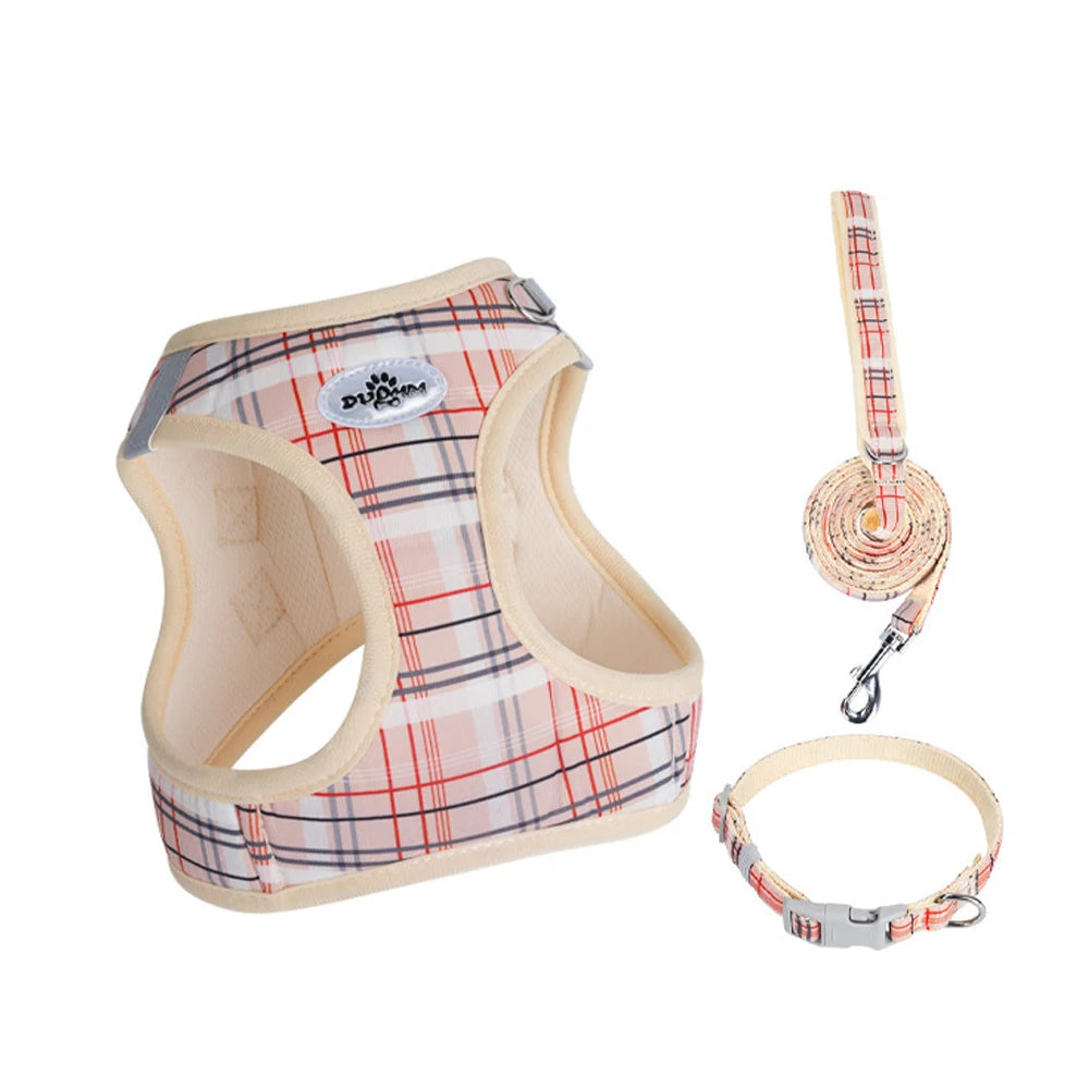 Plaid pet leash set in Color E with matching cat and dog harness, leash, and collar, durable nylon, adjustable everyday pet walking set
