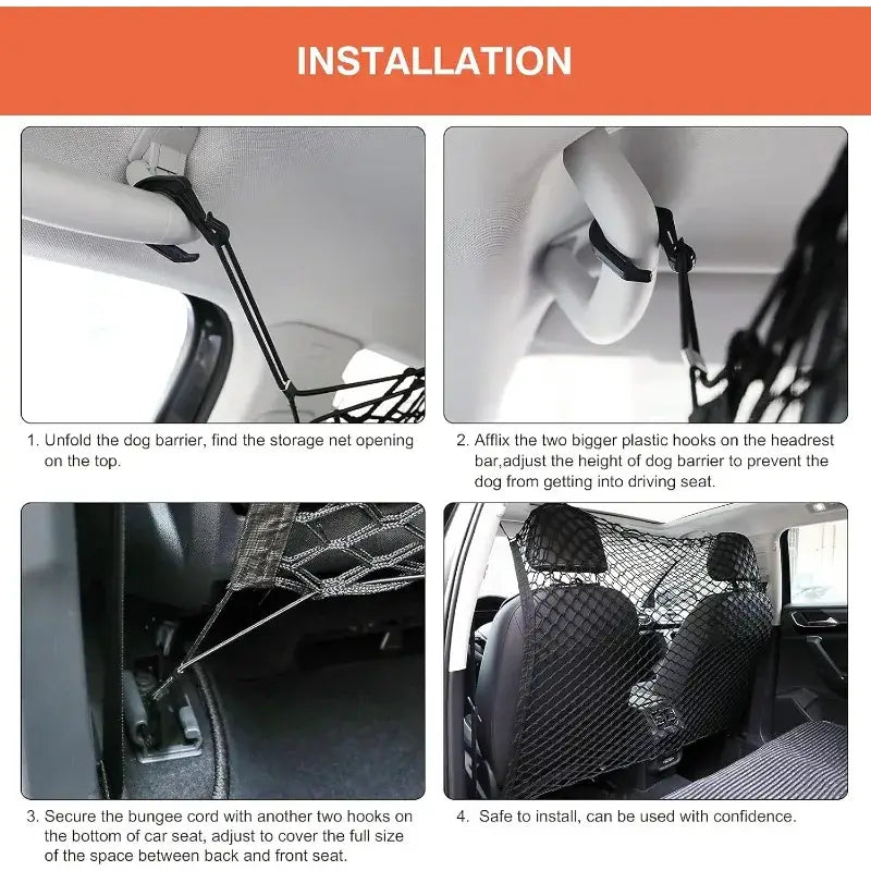 Installation guide for 120X90CM Car Trunk Fence Pet Dog Isolation Protective Net with steps and visuals for easy setup.
