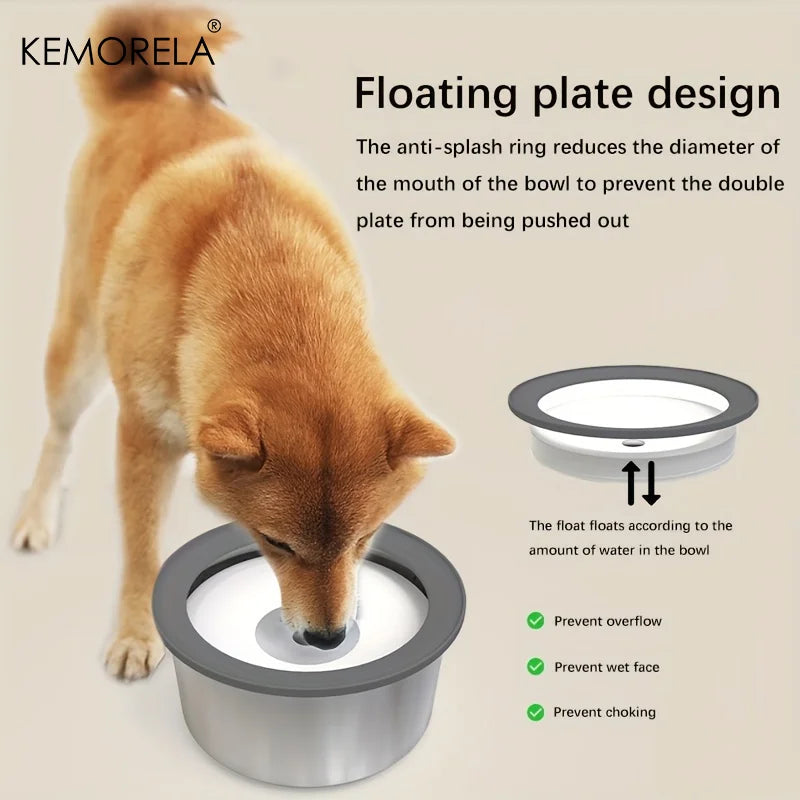 Dog drinking water from anti-splash floating plate dog bowl with stainless steel design